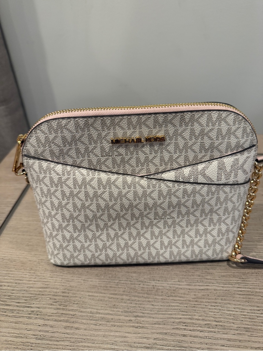 Michael Kors Beige Signature MK Crossbody with Pink Trim